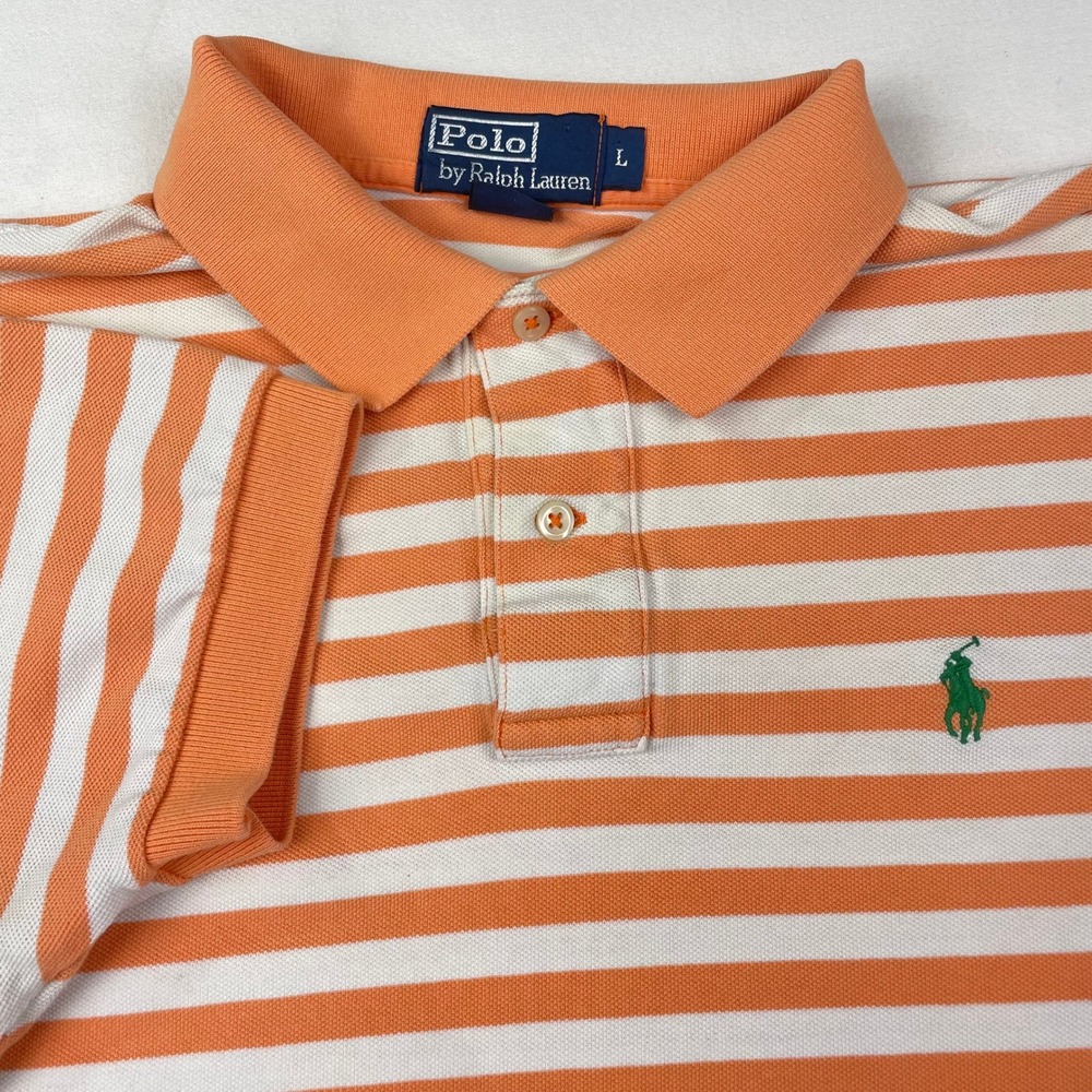 Polo Ralph Lauren Mens Large Orange White Striped Short Sleeve Pique Polo Shirt